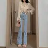 Calça jeans flare feminina, nova coleção primavera/verão, de cor clara, cintura alta, corte slim, modeladora, adequada para baixinhas, perna reta, com caimento fluido e design até o chão