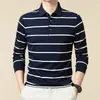 Camisa polo de rayas finas para hombre, camiseta base de manga larga, casual y versátil, estilo retro japonés, top azul para hombre
