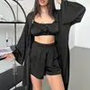 Pijama de Seda de Hielo, Lencería tipo Camisola, Conjunto de Tres Piezas con Shorts y Manga Larga, Ropa de Casa para Mujer, Otoño e Invierno 2026, Amigable con la Piel, Fresco y Sexy