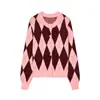 Venta al por mayor transfronteriza Invierno Nuevo Estilo Europeo y Americano Moda Femenina Casual Holgado Patrón de Diamantes Jacquard Abrigo Suéter 5855