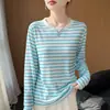Suéter de punto con bloques de color a rayas y cuello redondo para mujer, holgado casual de manga larga, prenda exterior fina para primavera-verano 2026, top de mujer moderno