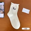 Calcetines blancos para mujer, algodón puro, estilo primavera/verano, calcetines de media pantorrilla con bordado de perrito lindo, calcetines cortos con borde enrollado, calcetines de algodón sin costuras para verano