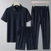 Conjunto de Verano Nuevo Estilo para Hombres de Mediana Edad y Mayores: Camisa Polo de Seda de Hielo, Conjunto de Tres Piezas de Manga Corta, Pantalones Largos de Seda de Hielo + Shorts de Seda de Hielo para Papá