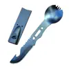 Cuchillo, Tenedor, Cuchara y Silbato de Supervivencia de Emergencia Siete en Uno para Senderismo y Camping al Aire Libre, Juego de Cubiertos Portátil Multifuncional