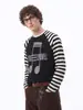 Camiseta Listrada Patchwork Manga Longa Estilo Retrô Americano para Homens e Mulheres Outono Tendência Marca Solta Casal Manga Raglan Versátil Top