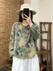Outono de 2026 Novo Algodão Linho Retrô Artístico Nova Camisa Estampada Top Solto Cardigã Casual Roupas Femininas