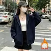 Moletom com Capuz Feminino Primavera e Outono Oversize Fino com Zíper Jaqueta Cardigan Solta Estilo Coreano Estilo Preguiçoso Chique Top
