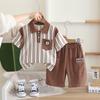 Conjunto Infantil Listrado Vertical Manga Curta 2025 Verão Novo Roupa Infantil Meninos Verão Camisa Color Block Gola Polo Atacado