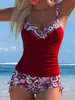 Bikini de dos piezas con estampado rojo estilo europeo y americano nuevo para mujer 2026, sin tirantes, de cintura alta, adelgazante, para vacaciones en la playa