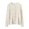 Cardigã de Gola Redonda com Ponto Canelado de Doze Pontos Suéter de Cashmere Feminino Cardigã de Tricô Solto Emagrecedor Suéter Base de Lã