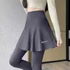 Calça-saia de yoga falsa de duas peças para mulheres, calça esportiva de cintura alta, calça tubarão anti-exposição, adequada para uso ao ar livre, fitness, corrida e como calça comprida de camada base
