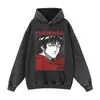Sudadera con capucha lavada desgastada con estampado de retrato rojo y negro, estilo de alta costura europeo y americano, chaqueta casual holgada extragrande