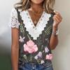 Camiseta de manga corta con cuello en V y encaje suelto para mujer, estilo independiente, de Amazon, verano 2023, estilo europeo y americano