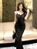 Vestido Preto Pequeno Puro Sexy Estilo Francês Decote em V Alça Vestido Nível Alto Crochê Renda Costura Vestido Feminino