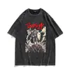 Camiseta Vintage Lavada com Estampa de Anime 230g Algodão Puro Camiseta Logo Personalizado Moda de Rua Gola Redonda Manga Curta Camiseta Masculina