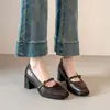 Versión de Piel de Vaca~Zapatos Mary Jane Retro de Tacón Grueso para Mujer 2026 Nuevo Estilo Piel Genuina Punta Cuadrada Modernos para el Trabajo Zapatos Bajos de Piel