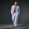 Novo Conjunto Esportivo Europeu e Americano Transfronteiriço Masculino Linho Cor Sólida Manga Longa Calça Longa Conjunto de 2 Peças Tendência Versátil Conjunto Masculino