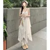 Vestido Camisola Estilo Resort à Beira-Mar Falso Duas Peças para Mulheres Verão Elegante Estampa de Fada Franjas Irregular Praia Maxi Vestido