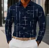 Camisa Polo masculina de manga comprida em duas cores, gola de lapela, top casual de três botões com estampa de textura xadrez fina