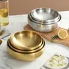Tazón de fideos fríos estilo coreano acero inoxidable dorado tazón de fideos instantáneos tazón de ramen doble capa tazón coreano de bibimbap tazón grande para sopa tazón de especias con tapa de rosca