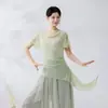 Traje de Prática de Dança Clássica para Mulheres, Blusa de Tela com Gola Volumosa Estilo Fada, Traje de Performance para Dança Chinesa, Traje de Corpo de Dança com Mangas Curtas Fluido