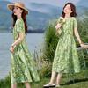Vestido Curto Floral de Algodão e Linho da Moda para Mulheres Verão 2025 Novo Visual Emagrecedor na Cintura Estilo Férias Casual Elegante Saia