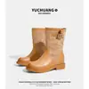 Botas Martin de Couro Genuíno Patchwork com Sola Grossa Femininas 2026 Novo Estilo Britânico Retrô Botas Empilhadas Meio da Panturrilha Botas de Cavaleiro Personalizado