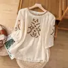 277 # Camisa de algodão e linho com bordado pesado, manga três quartos, para mulheres, verão, corte solto, modeladora, gola redonda, pulôver, top estiloso de linho