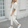Conjunto de Tricô Cruzado de Manga Longa com Gola Alta Meia-Alta e Manga Morcego, Conjunto de Duas Peças com Calça de Perna Larga Solta e Fluida, Manga Curta para o Início do Outono
