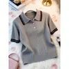 Suéter de punto para mujer con cuello polo a rayas de color contrastante, nuevo estilo de verano, moderno, adelgazante, versátil, top rejuvenecedor A11071