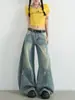 Jeans rasgados de guadaña de estilo callejero americano para mujer, primavera y otoño, elegantes de cintura alta, holgados, lavados, de pierna ancha, largos