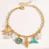 Pulsera Estilo Resort de Playa de Verano con Elementos Marinos, Estrella de Mar de Colores, Cola de Pez, Concha, Cadena de Pulsera con Colgante de Perla