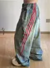 Jeans Largos Retos com Costura Contrastante Listrados Estilo Americano Retrô Tamanho Plus Size Marca Tendência Feminina Calças Largas de Ferramenta