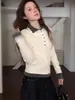 Camisa Base de Punto Blanca de Manga Larga con Cuello, Estilo Coreano, Falso Dos Piezas para Mujer, Suéter Corto para Otoño e Invierno con Camisa Polo Debajo