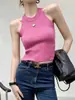 Chaleco de punto sexy estilo americano con cuello halter para mujer, prenda exterior de verano, camisola fina y ajustada de seda de hielo, top corto con un diseño sutil