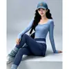 Conjunto de Yoga Color Block Estilo Coreano para Mulheres, Top com Gola Quadrada e Buraco para Polegar, Cintura Alta Controle de Barriga Emagrecimento, Roupa Fitness Outerwear para Uso Diário para Mulheres