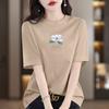 Camiseta Azul Celeste para Mulheres, Novo Estilo de Verão, 100% Algodão Puro, Manga Curta, Caimento Solto, Tamanho Grande, Estampa Única, Blusa Elegante de Manga Meia-Manga