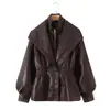 Chaqueta Abrigo de Otoño Europeo y Americano con Solapa, Diseño de Manga de Linterna, Patrón Estereoscópico 3D tipo Piel, Manga de Linterna para Mujer