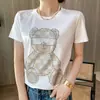 Elegante camiseta de algodón mercerizado para mujer con cuello redondo y pedrería de Oso Grande, corte holgado, adelgazante, para jóvenes, primavera y verano, jersey de algodón, manga corta