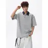 Design com costura, camiseta polo masculina, top de corte solto, leve, de manga curta, estilo americano, verão