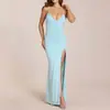 Vestido largo de estilo europeo y americano con cuello en V y tirante fruncido para mujer, vestido de fiesta bodycon ajustado con abertura, venta al por mayor transfronteriza