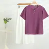 Traje de Pantalón Corto de Manga Corta de Algodón y Seda con Cuello Redondo para Mujer 2025 Camiseta Fresca Transpirable Elástica para Mujer Pantalón con Botones