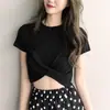 Blusa Cropped de Manga Curta Cor Sólida Estilo Coreano de Verão Slim Fit Tendência Camiseta de Manga Curta