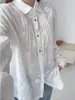 Camisa blanca bordada estilo academia para mujer, de manga larga con botones de colores, tacto de lujo ligero, estampado jacquard, blusa fresca y elegante