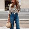 Nueva Camisa Floral Casual Europea y Americana con Pendientes y Escote Camiseta de Manga Larga Delgada Suelta de Verano
