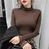 Suéter de Gola Alta Meia-Calça Camisa Base para Mulheres no Outono e Inverno com Manga Longa Top Renda Bordada Slim Tricô Cor Café Tamanho Único
