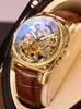 Reloj de lujo para hombre más vendido transfronterizo con relieve dorado, esfera calada a doble cara y correa de cuero con números romanos