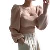 Suéter vintage elegante con cuello cuadrado y mangas abullonadas de punto de color liso para mujer, otoño e invierno, cálido, de manga larga, con cintura adelgazante