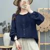 Camisa de Manga Larga con Cuello de Encaje para Mujer, Estilo Artístico Vintage Francés, Fruncida, Algodón Puro Suave, Top de Gasa de Algodón de Doble Capa