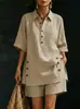 Conjunto de dos piezas de verano 2026 nuevo estilo europeo y americano para mujer de Amazon transfronterizo, camisa de manga corta con botones de color liso y shorts holgados